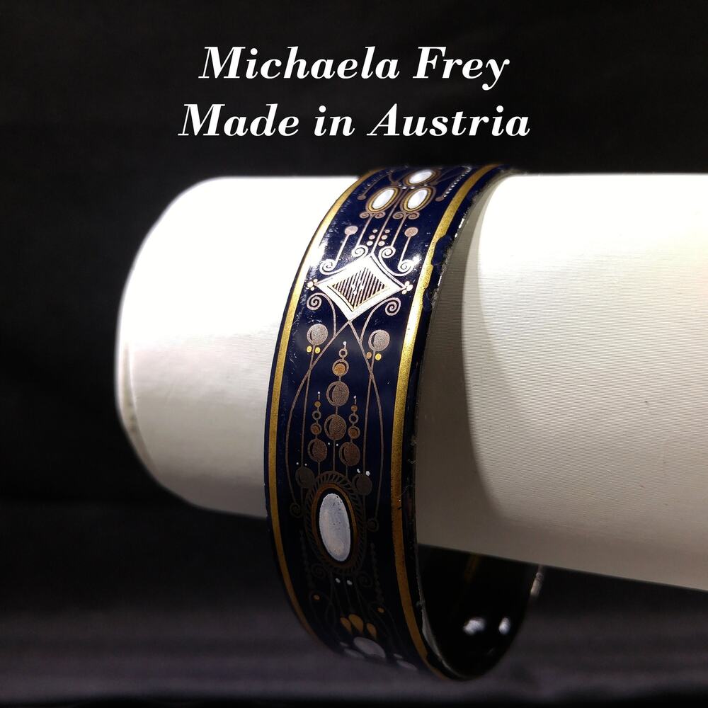 Michaela Frey Wide Enamel Bangle Bracelet, Made in Austria 1970s Vintage Jewelry